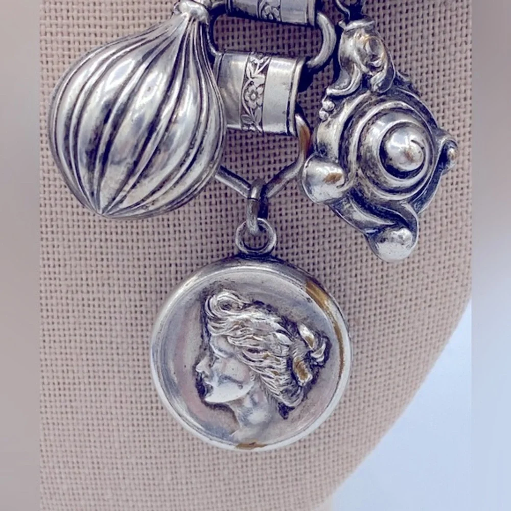 Vintage SilverTone Dangling Charm And Locket Brooch Very Unique 4 1/2” Long - Picture 2 of 9